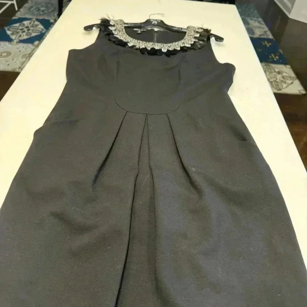 NWOT Lafayette 148 Black Stretch Ponte Knit Beads & Feathers Neckline Dress 8 - Picture 4 of 11
